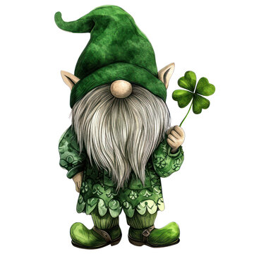 Cute gnome watercolor illustration with clover leaf isolated on background, St. Patrick's Day concept clipart.	