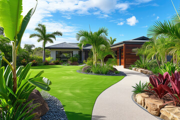 A contemporary Australian home or residential buildings front yard features artificial grass lawn turf, timber edging and many tropical plants - obrazy, fototapety, plakaty
