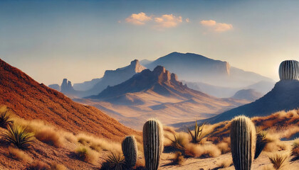 Texas Mountain Desert Landscape: A backdrop of rugged mountains and desert terrain in Texas, evoking the adventurous spirit of the Wild West. - obrazy, fototapety, plakaty