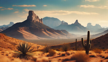 Texas Mountain Desert Landscape: A backdrop of rugged mountains and desert terrain in Texas, evoking the adventurous spirit of the Wild West. - obrazy, fototapety, plakaty