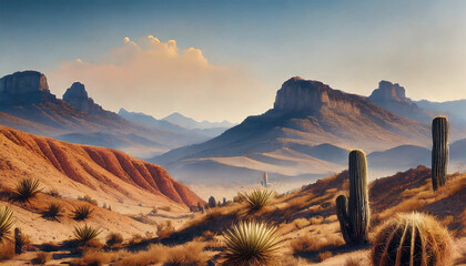 Texas Mountain Desert Landscape: A backdrop of rugged mountains and desert terrain in Texas, evoking the adventurous spirit of the Wild West