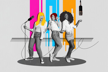 Photo collage creative picture group happy funky girls dancing sing vocalist pop music stage show...
