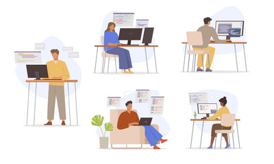 Fototapeta premium people IT programmers. software development computers, script coding php, javascript languages concept, technology professional corporate characters working. vector cartoon characters collection.