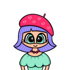 girl with beret on head. Vector Illustration for printing, backgrounds, covers and packaging. Image can be used for greeting cards, posters, stickers and textile. Isolated on white background.