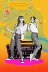 Vertical collage brochure two young girls best friends dancing boombox music player have fun festive event party club retro motion