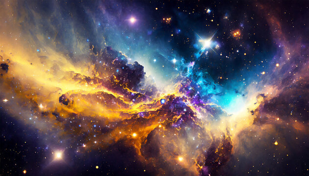 Abstract cosmos background featuring nebulae and galaxies in space.