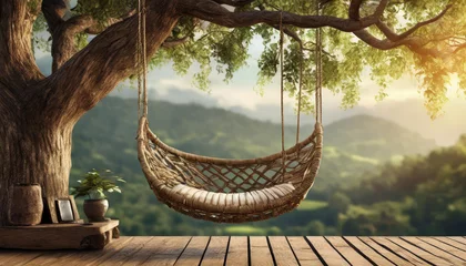 Poster Old wooden terrace with wicker swing hang on the tree with blurry nature background 3d render © Tatiana