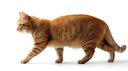 shorthair cat walks with poise and grace against a backdrop of pure white