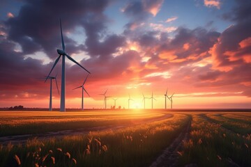 Wind power plant at sunset - obrazy, fototapety, plakaty