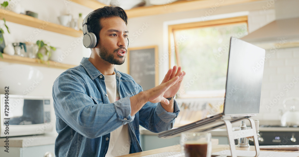 Poster remote work from home, video call and man with a laptop, internet connection or conference call. mal