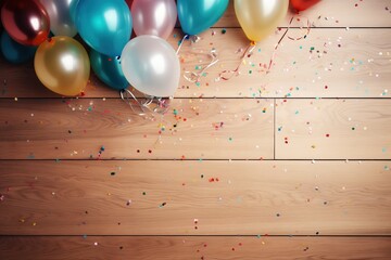 Colorful balloons and confetti on bleached wooden planks background, Ai Generated