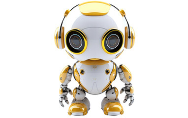 Blending Adorable Robotics with the Modern Functionality of a Microphone Headset on a White or Clear Surface PNG Transparent Background.