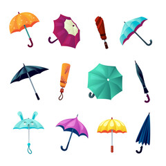umbrella set. cartoon minimalistic umbrellas collection, parasols for rain with handle, different colored umbrellas for bad rainy weather. vector cartoon items collection.
