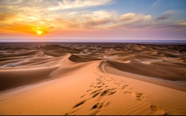 Fototapeta na wymiar Sandstorm in desert. wind and orange sand clouds. Dunes landscape