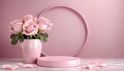 Pink roses arranged in a pink vase beside a circular podium against a pink backdrop with available space for text.