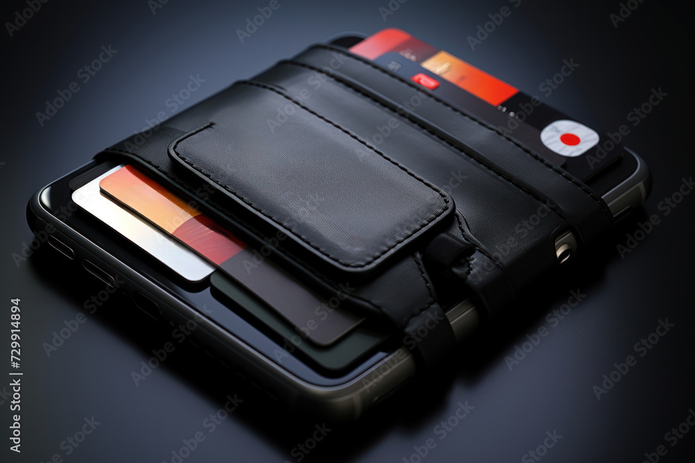 Poster an intelligent wallet designed for the modern era, featuring a sophisticated app interface for swift