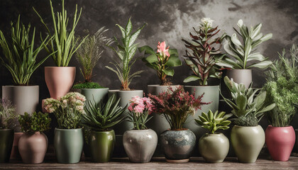 Realistic houseplants potted in flowerpots arranged in a row against a wall background.