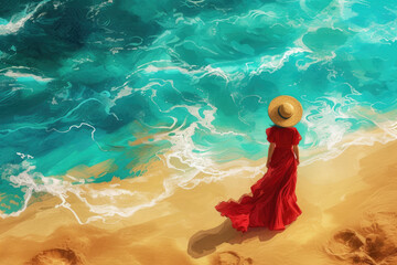Illustration of A woman in a red dress and straw hat stands on a golden beach and looks at the turquoise waves lapping the shore - obrazy, fototapety, plakaty