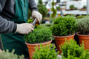 nursery worker pruning potted shrubs for sale at a garden center