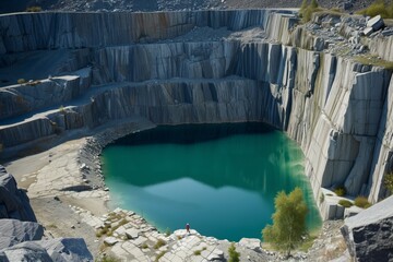 large quarry pit with a lake at the bottom and a person at the edge