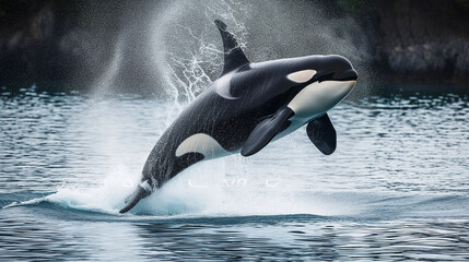 An orca leaps through the ocean's waves