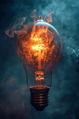 An ordinary incandescent light bulb burning in smoke on a black background