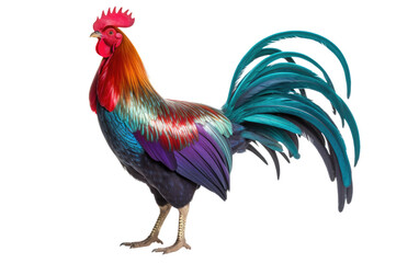 Fototapeta premium A Colorful and Vibrant Male Rooster, Symbolizing Freedom and Exuberance on a White or Clear Surface PNG Transparent Background.