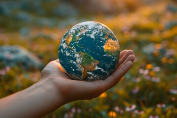 Close-up of a man's hands holding a globe of the earth. Earth Day Concept Save the World save the environment