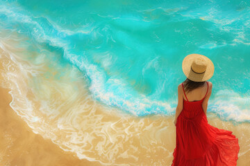 Illustration of A woman in a red dress and straw hat stands on a golden beach and looks at the turquoise waves lapping the shore - obrazy, fototapety, plakaty