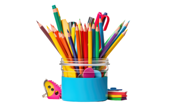 A Collection of Pencils in a Box, Perfect Companions for Study Sessions on a White or Clear Surface PNG Transparent Background. - Powered by Adobe