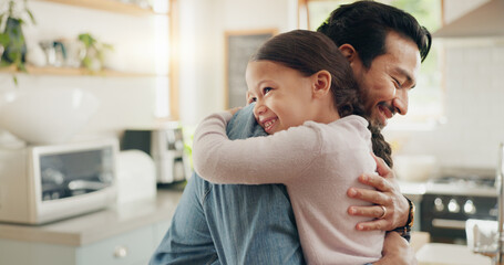 Family, father and daughter hug in the kitchen for love, trust or bonding together in their home. Kids, smile and safety with a happy young man embracing his adorable girl child in their house - obrazy, fototapety, plakaty