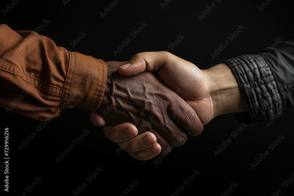 Poster a handshake between different races and cultures, portraying the unity and shared values essential f