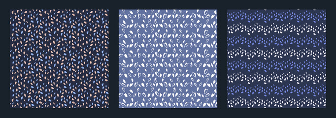 Set of abstract square patterns with shapes polka dots, drops, rhombus, zigzags, striped. Vector hand drawn sketch. Trendy blue simple backgrounds textures. Templates for design, textile, printing