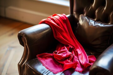 leather armchair with a red silk scarf neatly folded on the cushion