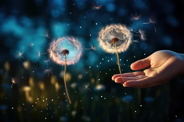  A pair of hands releasing dandelion seeds into the wind, symbolizing the dispersal of hopes and dreams in the pursuit of freedom. Generative Ai. © Sebastian