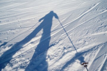 closeup of a skiers shadow on snow during sunny day
