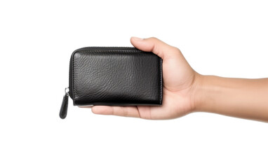Naklejka premium Male Hands Holding an Empty Black Wallet, Portraying an Economic Void on a White or Clear Surface PNG Transparent Background.