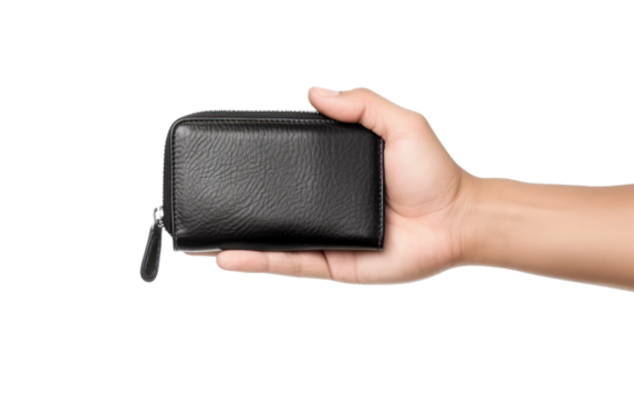 Male Hands Holding an Empty Black Wallet, Portraying an Economic Void on a White or Clear Surface PNG Transparent Background.
