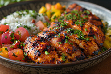 Cajun chicken with bacon, zucchini, lemon, rice and yogurt sauce.