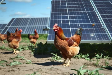 Poster chickens roaming by groundmounted solar panels © primopiano