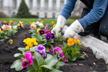 gardener planting spring flowers at city hall - obrazy, fototapety, plakaty