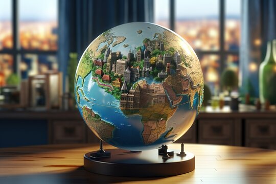 Globe on the table in the living room, 3d render, Ai Generated