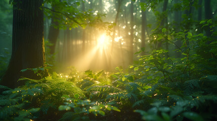 A tranquil forest, with lush greenery as the background, during a peaceful sunrise