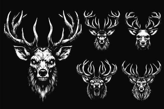 Set Dark Art Deer Stag Beast With Big Horn Animal Skull Horror Vintage Grunge Style illustration for Merch