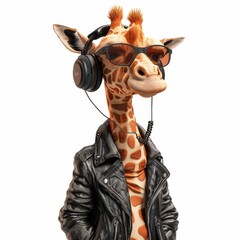 Playful giraffe character with leather jacket and earphones, separated on white surface, perfect for artistic design print