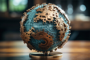 A globe made of interconnected gears, conveying the global impact and interconnectedness of innovative ideas. Generative Ai. - obrazy, fototapety, plakaty