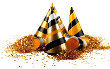 Hats in Gold with Stripes, A Stylish Fusion of Shiny Sophistication on a White or Clear Surface PNG Transparent Background.
