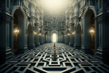 A labyrinth transforming into an open door, symbolizing the transformative power of innovative ideas to overcome challenges. Generative Ai.