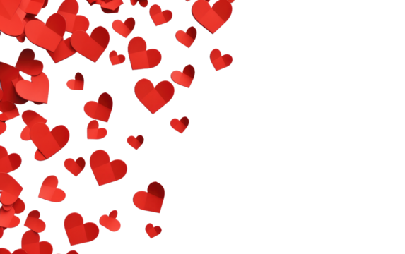 Red Paper Hearts, Speaking the Language of Heartfelt Love on a White or Clear Surface PNG Transparent Background.