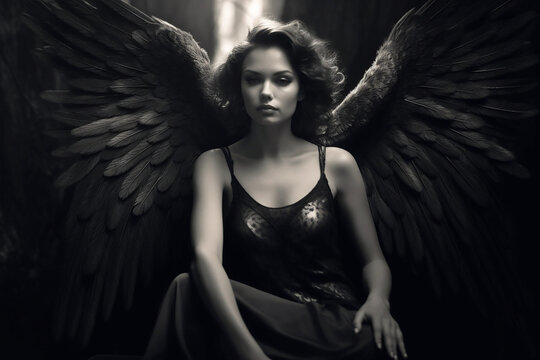 Fallen Angel, a beautiful girl in a black dress and black angel wings behind her back.